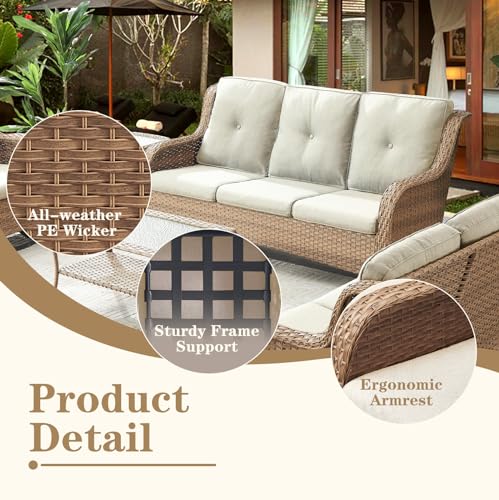 Artfurniz Wicker 3-Seat Outdoor Sofa - All Weather Rattan Sofa Patio Furniture with Deep Seating, Comfortable High Back Outdoor Couch for Balcony, Porch, Deck and Backyard - Yellow/Beige