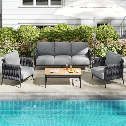 Jocoevol Outdoor Patio Furniture Set, Outdoor 5-Seat Sofa with Coffee Table, Waterproof Thick Cushion Patio Conversation Set, All Weather Outdoor Couch Set for Deck, Lawn, Balcony, Porch