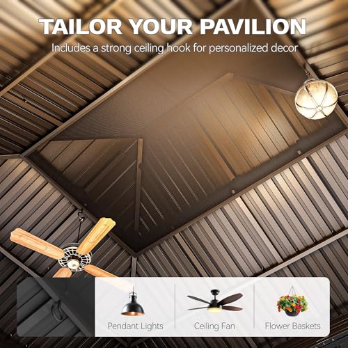 DWVO 12x14ft Hardtop Gazebo Double Roof with Nettings and Curtains, Heavy Duty Galvanized Steel Outdoor Roof for Patio, Backyard, Deck, Lawns, Gray
