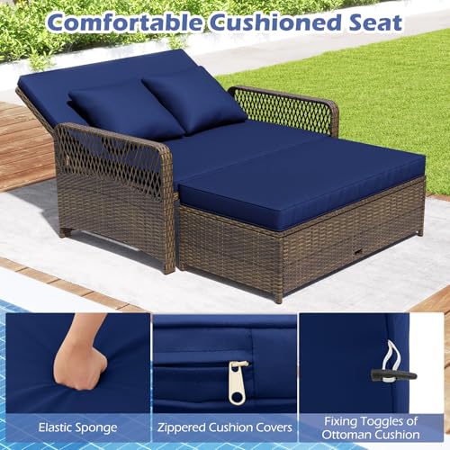 Tangkula Patio Rattan Daybed with 4-Level Adjustable Backrest, 2-Person Outdoor Wicker Loveseat with Storage Ottoman & Soft Cushions, Double Sunbed Lounger for Backyard, Porch, Poolside (Navy)