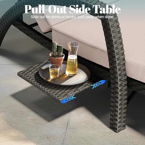 TellMagi Outdoor Chaise Lounge Chairs Set of 2, 5 Levels Adjustable Wicker Patio Pool Lounge Chair with Cushion, Pillow, Side Tray and Rubber Wheels for Backyard Deck Porch Outside (Khaki)