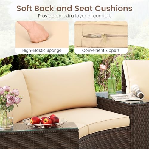 Tangkula 5 Pieces Patio Furniture Set, PE Rattan Half-Moon Curved Sectional Sofas with Tempered Glass Top Side Tables, Outdoor Conversation Set for Porch, Backyard & Poolside (Beige)