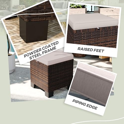 Outsunny 2 Pieces Outdoor Patio Ottomans, All Weather Wicker Footstools with Removable Cushions, 3-in-1 PE Rattan Ottoman Seat, Footrest and Side Table for Backyard, Poolside, Cream White