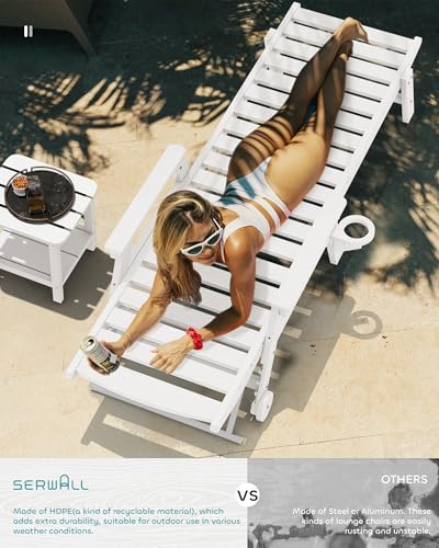 SERWALL Patio Chaise Lounge Chair Set of 2, 78'' Long 5-Positions Adjustable HDPE Outdoor Lounger for Pool, Poly Lounge Chair with Rolling Wheels & Cup Holder for Poolside, Deck, White