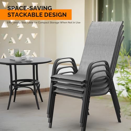 VINGLI Set of 2 Stackable Outdoor Bar Stools – Sling Chairs with High Back & Armrests, for Lawn, Garden, Bar, Grey