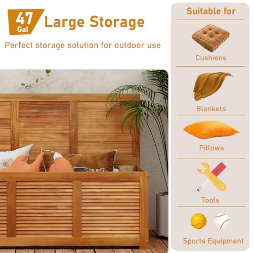 DREAMADE 47 Gallon Acacia Wood Deck Box, Patio Storage Bench with Large Capacity, Supports 355 lbs, Outdoor Storage Box for Garden Backyard Patio Porch Seating, Natural