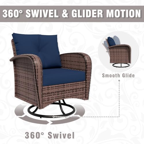 Qsoer 4 Piece Patio Conversation Set - 2 Swivel Chairs 1 Coffee Table 3-Seater Sofa, PE Wicker & Steel Patio Furniture with Heavy-Duty Steel Frame,Weatherproof Cushions, Blue