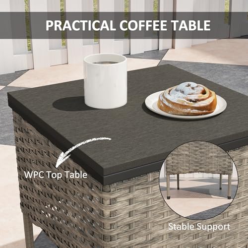 Outsunny 3 Piece Wicker Patio Furniture Set, PE Rattan Rocking Chairs with Coffee Table, Cushions, Outdoor Bistro Set for Porch, Garden, Poolside, Gray