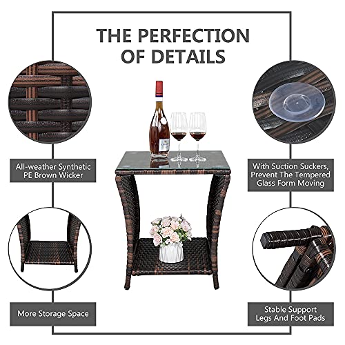 VINGLI Outdoor Wicker Side Table Patio Side Tables for Outside, Tempered Glass Top Wicker Table with Storage End Table for Balcony Porch Deck (Brown)
