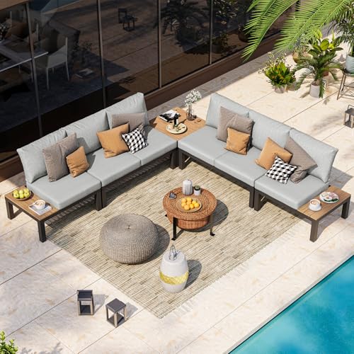 Oasbira Aluminum Modular Outdoor Patio Furniture Set, 6 Seats Sectional Sofa Set with Adjustable Backrest & Thick Cushions, All-Weather L-Shaped Corner Set with Table for Garden & Yard, Gray