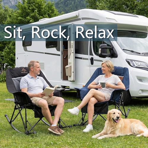RED CREAT 400lbs Rocking Camping Chair, Oversized Heavy Duty XL Folding Rocker for Adults, Padded High Back Big & Tall Support, with Cup Holders & Carry Bag for RV, Lawn, Patio & Sports