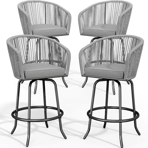 YITAHOME Counter Height Bar Stools Set of 4, Outdoor Bar Stools with Soft Cushions, Patio Rattan Swivel Bar Chairs for Backyard Poolside, Garden w /360 Rotation (Gray)