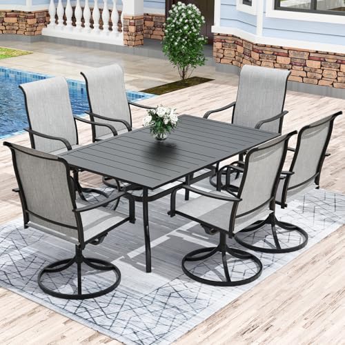 Anmutig 7-Piece Outdoor Patio Dining Set, Outdoor Furniture 6 Sling Dining Swivel Chairs and Steel Frame Slat Rectangular Table with 1.57" Umbrella Hole for Backyard, Grey
