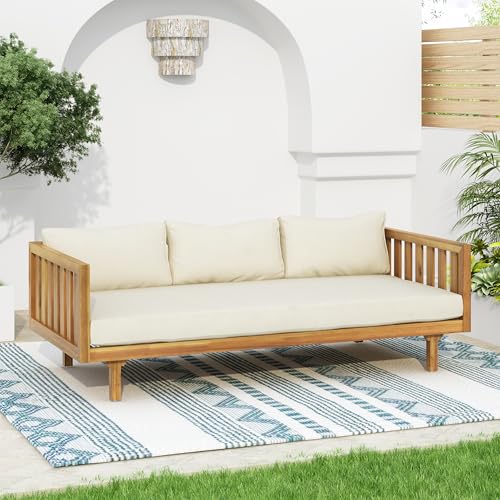 Christopher Knight Home Claremont Patio Sofa and Coffee Table Set, 2 Piece Outdoor Patio Furniture Set with Cushion, Acacia Wood 3 Seater Outdoor Sofa Daybed and Coffee Table Set, Teak+Beige