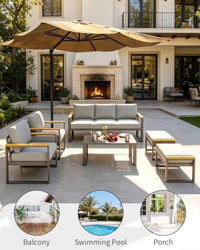 IDEALHOUSE Aluminum Patio Furniture Set, 7 Seats Outdoor Patio Conversation Sets with Coffee Table, 6 Pieces Metal Conversation Sectional Furniture Sofa for Balcony, Garden, Deck, Backyard,Gray