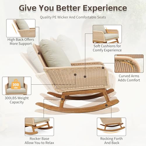 Christopher Knight Home Nadine Patio Rocking Chair, Wicker Rocker, Wood Leg Rocking Chair, PE Rattan Wicker Chair, Rocking Chair with Cushions, Comfort Wicker Rocker for Backyard Balcony Porch, Beige