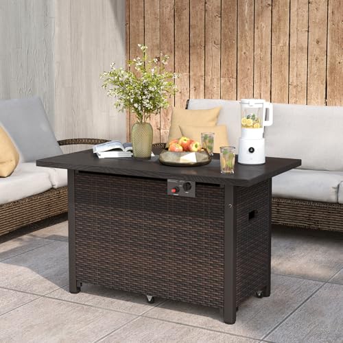 Tangkula Outdoor Propane Fire Pit Table, 42 Inch Rectangular Rattan Fire Table with Wind Guard & Glass Rocks, 50,000 BTU Smokeless Gas Fire Pit for Outside Patio (Brown)
