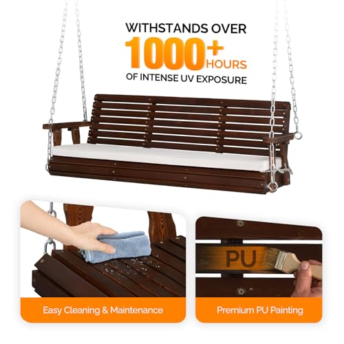 VINGLI Heavy Duty 880 LBS Patio Wooden Porch Swing Outdoor with Extra Cushion, Farmhouse Hanging Bench Tree Swing with Adjustable Chains for Yard | Garden | Lawn | Balcony (5 FT, Rustic)