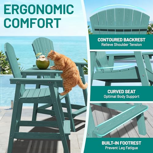 PLUUV Tall Adirondack Chairs Set of 2 with Double Connecting Trays, All Weather HDPE Bar Height Outdoor Chairs, Outdoor Adirondack Barstools with Umbrella Hole for Balcony, Patio, Backyard, Aruba