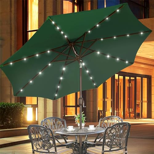 Blissun 9 ft Solar Umbrella, 32 LED Lighted Patio Umbrella, Table Market Umbrella, Outdoor Umbrella for Garden, Deck, Backyard, Pool and Beach (Dark Green)