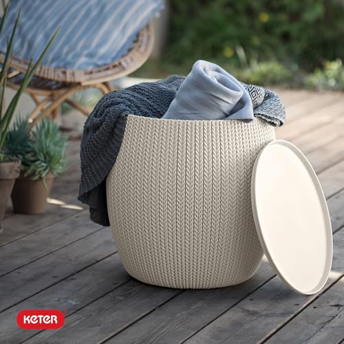 KETER Urban Knit Pouf Ottoman Set of 2 with Storage Table for Patio and Room Décor-Perfect for Balcony, Deck, and Outdoor Seating, Cream & Taupe