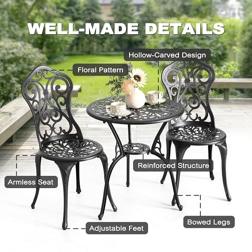 NUU GARDEN 3 Pieces Patio Bistro Set, Outdoor Bistro Set with 2 Chairs, Round Table with Umbrella Hole, All-Weather Outdoor Patio Bistro Set for Garden, Lawn, Poolside, Porch, Black