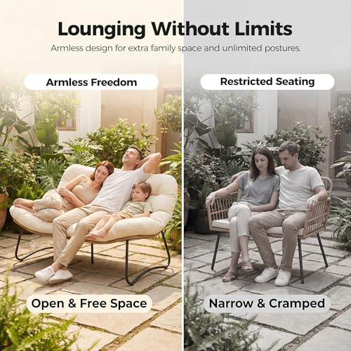 RADIATA Outdoor Patio Loveseat, Boho Lounge Couch with Comfy Thick Cushion, Durable Wicker Papasan Loveseat Furniture, 2 Person Small Balcony Couch for Apartment Porch Backyard Poolside, Beige