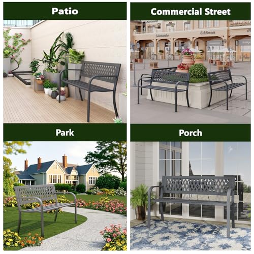 MAKE CHANGES Outdoor Bench, Garden Patio Park Entryway Metal Bench with Comfortable Backrest, Sturdy Heavy Duty Loveseat Front Porch Backyard Lawn Furniture for Outside