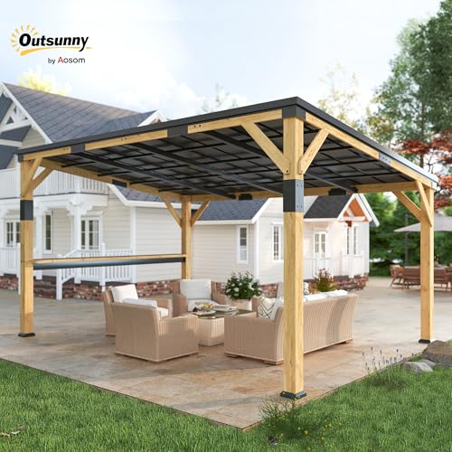 Outsunny 10' x 14' Wooden Gazebo with Galvanized Steel Sloped Roof, Hardtop Lean-to Gazebo Pergola with Bar Shelf, Large Heavy Duty Awning for Patio, Deck, Backyard, Natural Wood