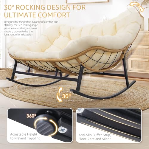 NICESOUL Oversized Double Rocking Papasan Chair with Thick Cushion, 2 Person Big Wicker Outdoor Comfy Recliner, Extra Large Heavy Duty Egg Loveseat for Patio, Balcony, Backyard, Garden, Beige