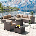 Kullavik 8 Pieces Outdoor Patio Furniture Set,Sectional Sofa Set with 43" 55000 BTU Gas Propane Fire Pit Table,Brown PE Rattan Wicker Patio Conversation Set,Sand