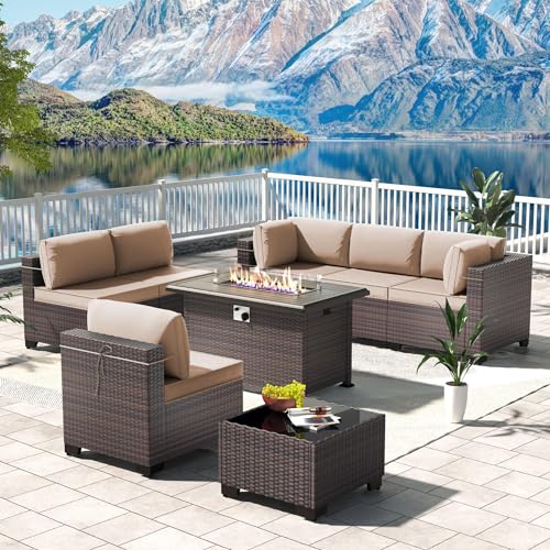 Kullavik 8 Pieces Outdoor Patio Furniture Set,Sectional Sofa Set with 43" 55000 BTU Gas Propane Fire Pit Table,Brown PE Rattan Wicker Patio Conversation Set,Sand