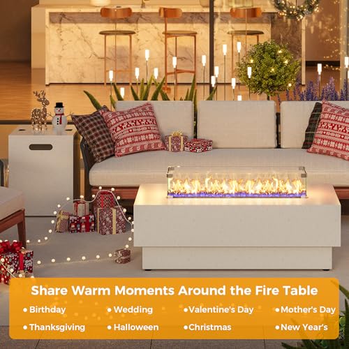 IRONCK 43-inch Outdoor Propane Fire Pit Table w Tank Table, CSA Certified, 2 in 1 Rectangular Patio Fire Pit w Glass Rocks, Wind Guard and Cover, 50000 BTU Outdoor Heater for Garden, Pool, White