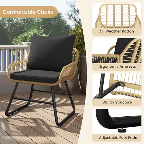 Yaheetech 3 Piece Patio Bistro Set Outdoor Wicker Bistro Furniture Sets, 2 Rattan Chairs and Glass Top Table for Patio, Balcony, Porch, Poolside, Backyard 3 PCS/Tan/Black