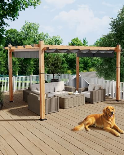 KYBOLT 10x13 Ft Outdoor Pergola with Retractable Canopy Upgraded Wood Grain Patio Pergola for Modern Backyard Deck Porch Grape Trellis - Gray