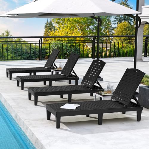 DWVO Outdoor Plastic Chaise Lounger, Poolside Lounge Chair w/5-Position Adjustable Backrest, Waterproof & Easy Setup for Patio, Poolside, Garden (Black, 1 PC)