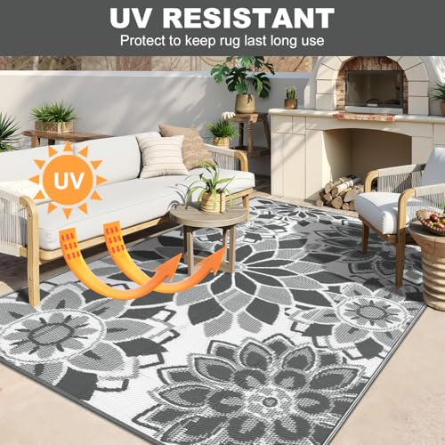 LOKHOM Outdoor Rug for Patio 6x9 ft Reversible Plastic Straw Patio Camping Rug, Floral Waterproof RV Mat for Camper Indoor Outdoor Carpet for Deck Porch Picnic Beach Balcony Backyard, Grey & White