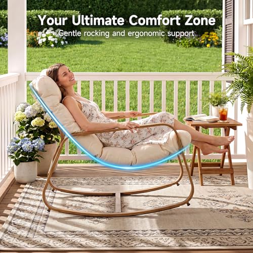 ONBRILL Rocking Chair with Thick Cushion Outdoor Indoor, Premium Iron Wood Grain Patio Papasan Rocker, Cozy Rocker for Garden, Balcony, Living Room, Bedroom