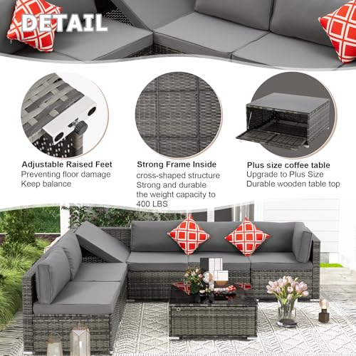 HOMREST 7 Piece Patio Furniture Set with Adjustable Bracket All-Weather Wicker Conversation Set with Coffee Table for Porch Garden Backyard (Gray)