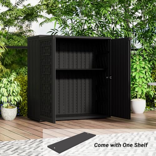 KINYING Outdoor Storage Cabinet Waterproof, Resin 62 Gallon Deck Box for Patio Furniture Cushions, Garden Tools, Pool Tools and Kids’ Toys (Black with 1 Shelving)