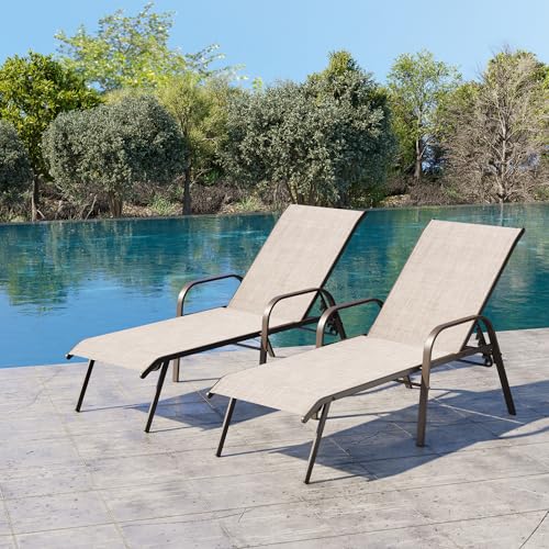 Crestlive Products Outdoor Chaise Lounge Chair,5-Position Pool Lounge Chairs with Armrests Sunbathing Recliner for Patio, Beach, Deck, Yard (2PC Beige)
