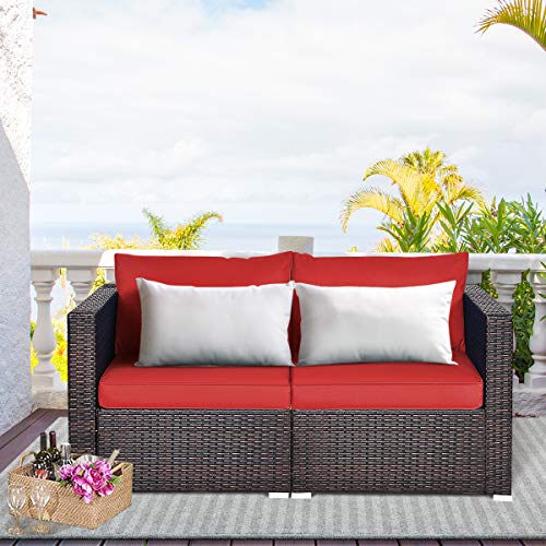 Tangkula 2 Seat Outdoor Wicker Loveseat Sofa Set, Modular PE Rattan 2 Pieces Outdoor Wicker Corner Sofa, Outside Furniture Set for Deck, Backyard, Porch, Garden & Poolside, Red