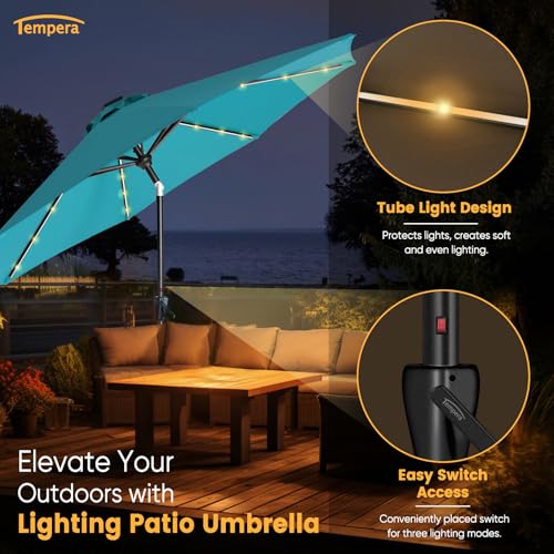 Tempera 9ft Patio LED Umbrella with light | Solar Outdoor Umbrella | Market Table Parasol with Push Button Tilt and Crank, with Sturdy Pole&Fade resistant canopy,Easy to set
