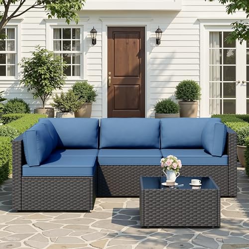 JAMFLY Patio Furniture Sets, 5-Piece Outdoor Patio Furniture with Thick Cushions, Wicker Outdoor Conversation Set Sectional Sofa for Backyard, Poolside, Garden, Aegean Blue
