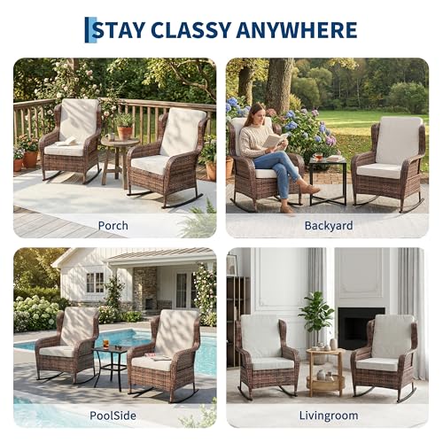 GarveeTech Outdoor Wicker Rocking Chair with Cushions, All-Weather Patio Rocker, High Back Rattan Chair for Garden Porch Backyard (Brown Wicker, Beige Cushions)
