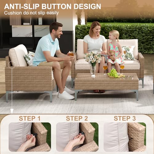 JOYURE 4-Piece Patio Furniture Set,Outdoor Wicker Patio Conversation Set with Tempered Glass Table,All-Weather Rattan Sectional Loveseat&Chairs with Thick Cushions for Garden,Deck,Backyard-Beige