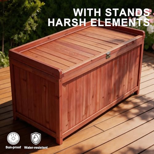 ZEUKMXOO 75 Gallon Wood Deck Box,Outdoor Storage Bench Container for Patio Furniture Cushions, Pillows, Garden Tools,Pool Accessories (Wood)