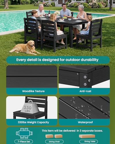 SERWALL Patio Dining Sets for 6 Person, HDPE Dining Set with 6 Armless Chairs, Black