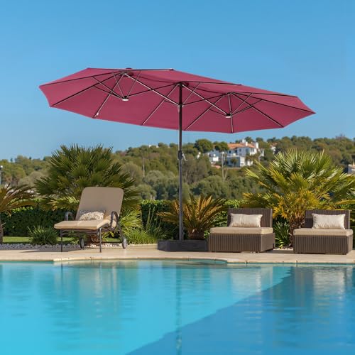 DUMOS 15FT Extra Large Patio Umbrella with Base Included, Rectangle Table Umbrella Outdoor Patio, 12 Sturdy Ribs Triple Head Canopy Outside Umbrellas for Deck, Backyard and Poolside,Garden, Red