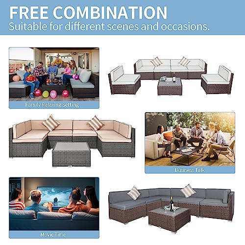 Welpatio Outdoor Patio Furniture Sets, 7 Pieces PE Rattan Wicker Outdoor Sectional Sofa Patio Conversation Set with Cushions and Coffee Table, Light Gray/Gray
